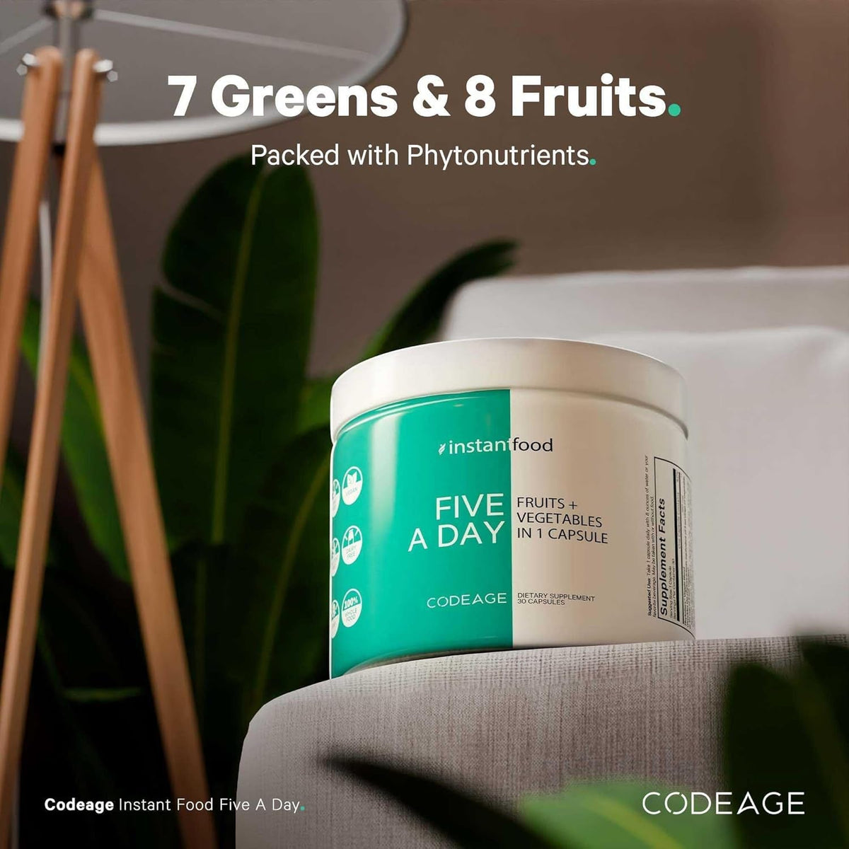 Codeage Instantfood Five a Day – Fruits & Vegetables Capsule Supplement – Whole Food Phytonutrients – 15 Fruits and Veggies Blend - Vegan, Non-Gmo – 30 Capsules
