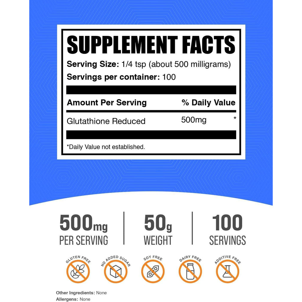 Bulksupplements.Com Glutathione Reduced Powder - Glutathione Supplement, Reduced Glutathione Powder - Glutathione 500Mg, Gluten Free, 500Mg per Serving, 50G (1.8 Oz) (Pack of 1)