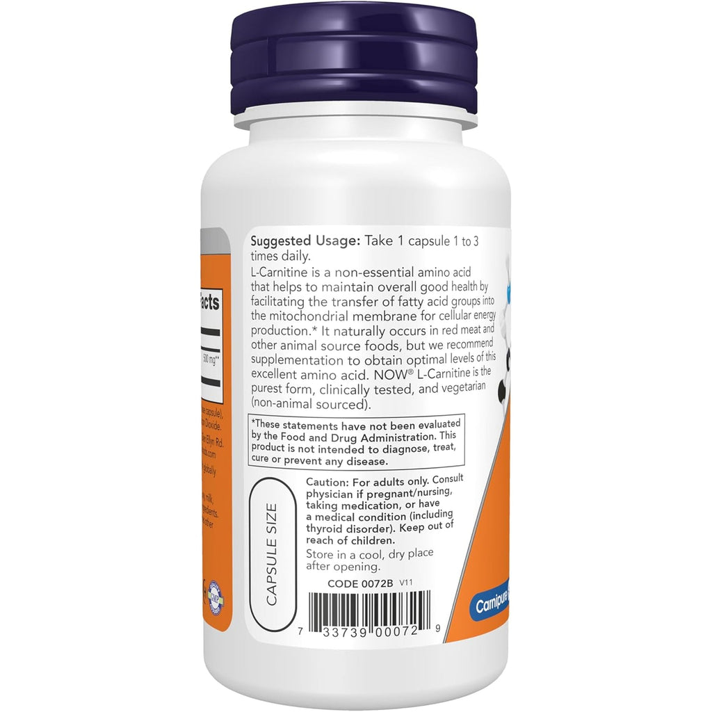 NOW Foods Supplements, L-Carnitine 500Mg, Purest Form, Amino Acid, Fitness Support*, 60 Veg Capsules