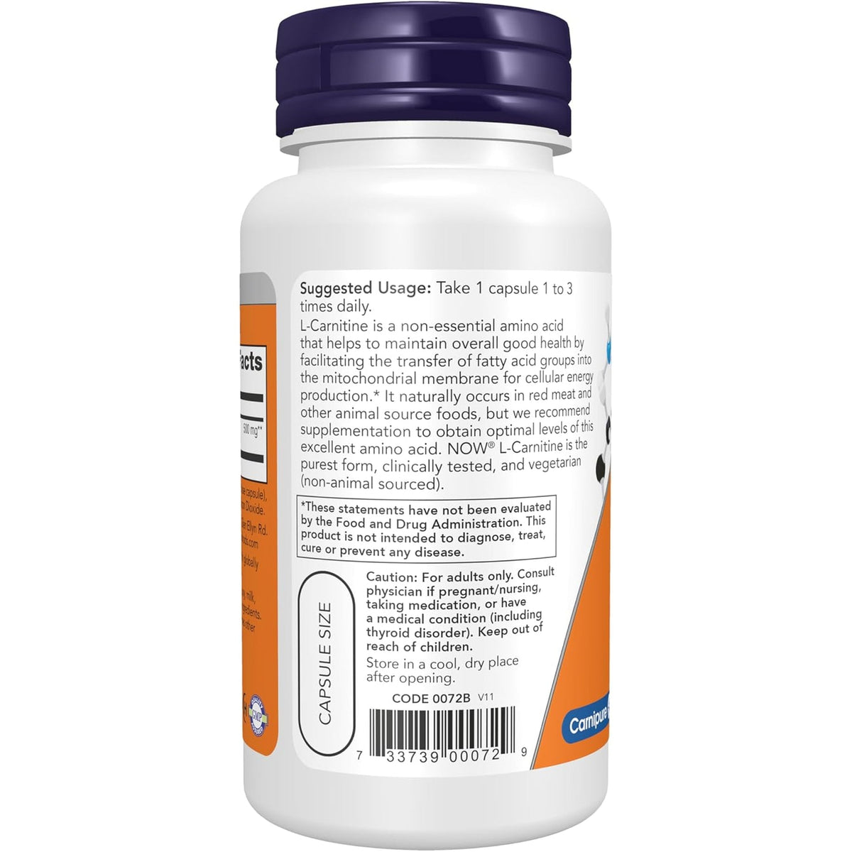 NOW Foods Supplements, L-Carnitine 500Mg, Purest Form, Amino Acid, Fitness Support*, 60 Veg Capsules