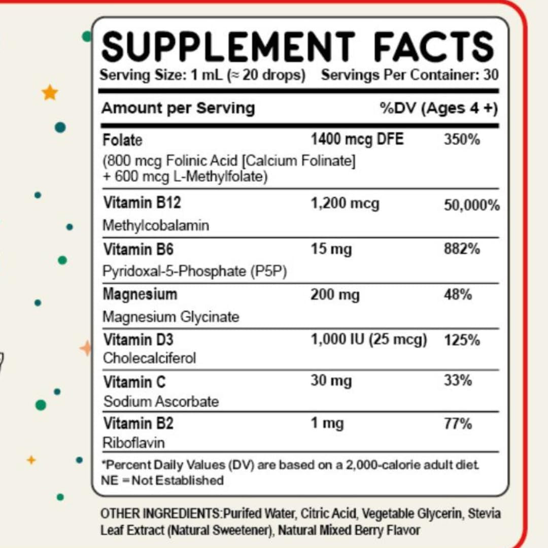 Folinic Acid Drops Kids 800 Mcg + L-Methylfolate + B12 +P5P B6 Gentle Methylation Great Taste, Magnesium Glycinate, Vitamin D3 & C Folate Support for Brain,Focus, Mood & Cellular Health 5-MTHF Drops