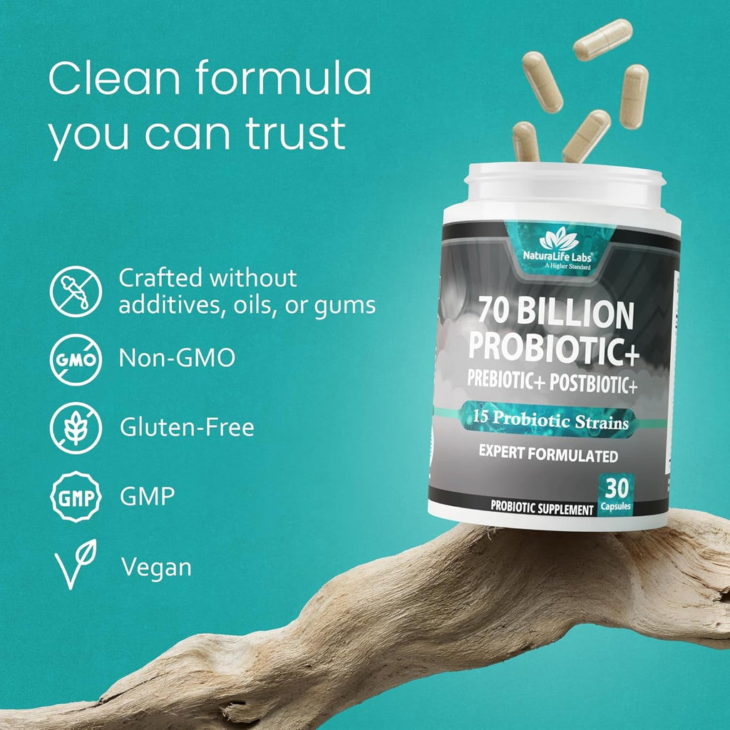 Naturalife Labs Probiotics 70 Billion CFU – 15 Strains + Organic Prebiotic & Postbiotic 3-In-1 – Gut & Digestive Support – Supports Occasional Bloating – Women & Men – Vegan & Shelf Stable – 30 Caps