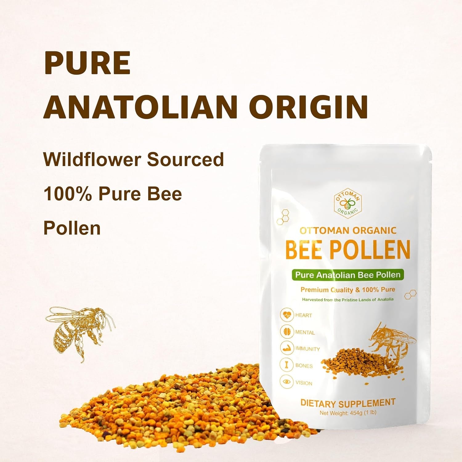 Bee Pollen – USDA & EU Organic Certified, Halal, ISO 22000 & GMP | 100% Pure Superfood, Rich in Vitamins & Minerals | Non-Gmo, Additive-Free (1 Pound (Pack of 1))