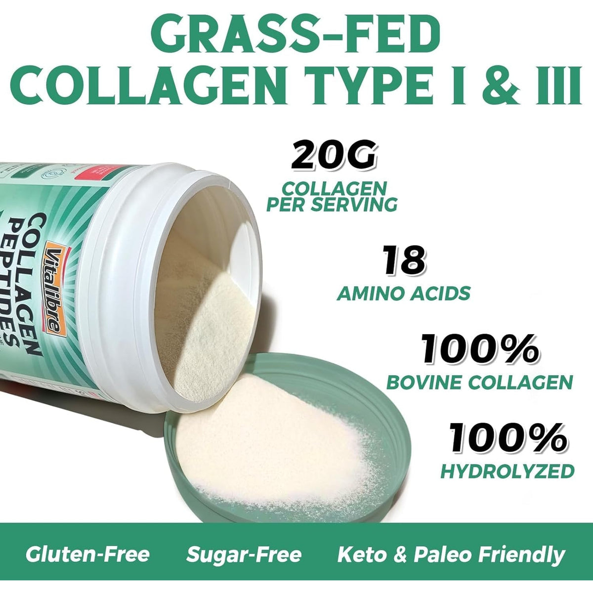 Vitalibre Bovine Collagen Peptides Powder for Women and Men, Grass-Fed Hydrolyzed Collagen Protein Type I & III, Skin, Hair, Nails, Bones, Digestion, Unflavored, Non-Gmo, Keto & GF, 11 Servings, 8Oz