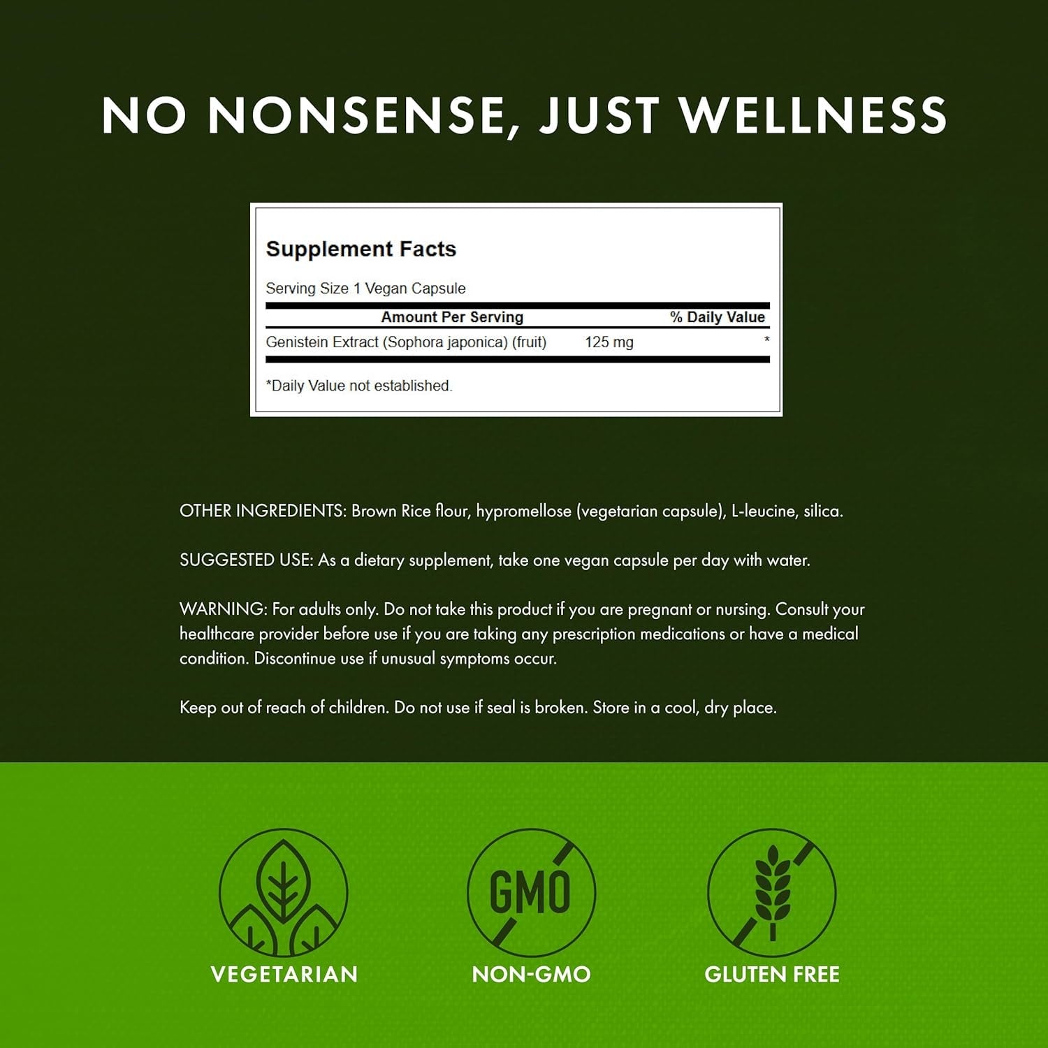 Swanson Soy-Free Genistein Plant-Based Supplement for Women Seeking Hormonal Balance, Bone, and Cardiovascular Support - 125 Mg (60 Vegan Capsules)