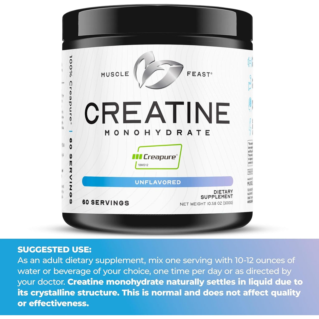 Muscle Feast Creapure Creatine Monohydrate Powder, Vegan Keto Friendly Gluten-Free, Mass Gainer, Muscle Recovery Supplement and Trusted Creatine for Muscle Growth, Creatine Powder, Unflavored, 300G