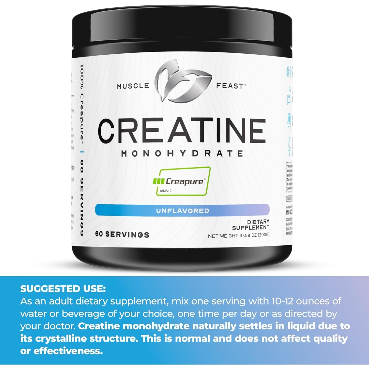 Muscle Feast Creapure Creatine Monohydrate Powder, Vegan Keto Friendly Gluten-Free, Mass Gainer, Muscle Recovery Supplement and Trusted Creatine for Muscle Growth, Creatine Powder, Unflavored, 300G