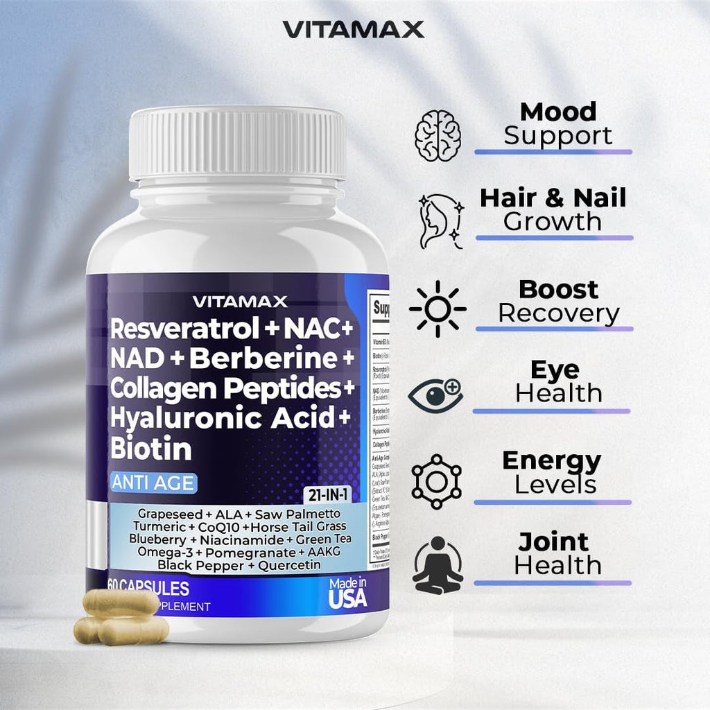 Resveratrol NAD+ Berberine Hyaluronic Acid - Biotin Grape & Blueberry + NAC - Collagen Peptides - Hair, Nail, Skin & Joint Supplement - 21-In-1 Women and Men - Made in USA (60 Count (Pack of 1)