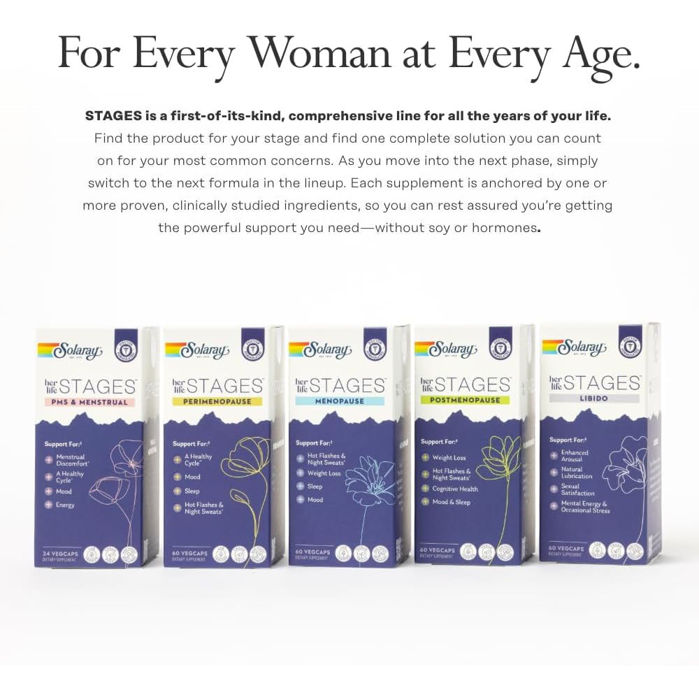 SOLARAY Perimenopause Her Life Stages - Perimenopause Supplements Women - Hot Flashes, Menopause Support - Saffron and Chasteberry - Made without Hormones - 60-Day Guarantee - 30 Servings, 60 Vegcaps