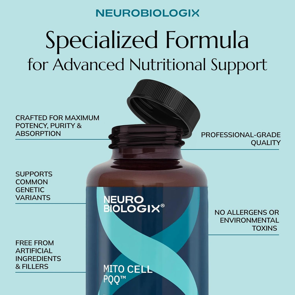 Neurobiologix Mito Cell PQQ Energy & Focus Supplement with Coq10, Vitamin C, NADH, Acetyl L Carnitine & Antioxidants for Cellular Health & Mitochondrial Support, Promotes Overall Wellness, 90 Capsules