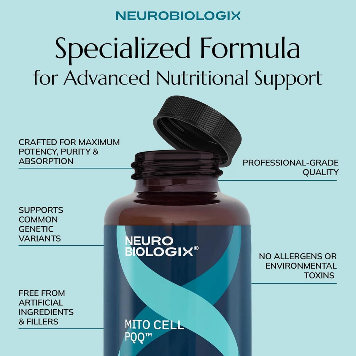 Neurobiologix Mito Cell PQQ Energy & Focus Supplement with Coq10, Vitamin C, NADH, Acetyl L Carnitine & Antioxidants for Cellular Health & Mitochondrial Support, Promotes Overall Wellness, 90 Capsules
