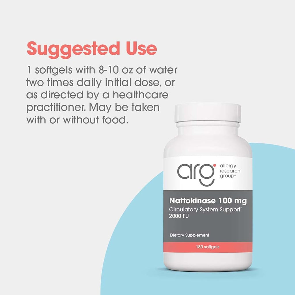 Allergy Research Group ARG Nattokinase 100 Mg - Supplement to Support Healthy Circulation - Delivers 100 Mg Nattokinase NSK-SD from Fermented Soybeans per Serving - 180 Servings - 180 Capsules