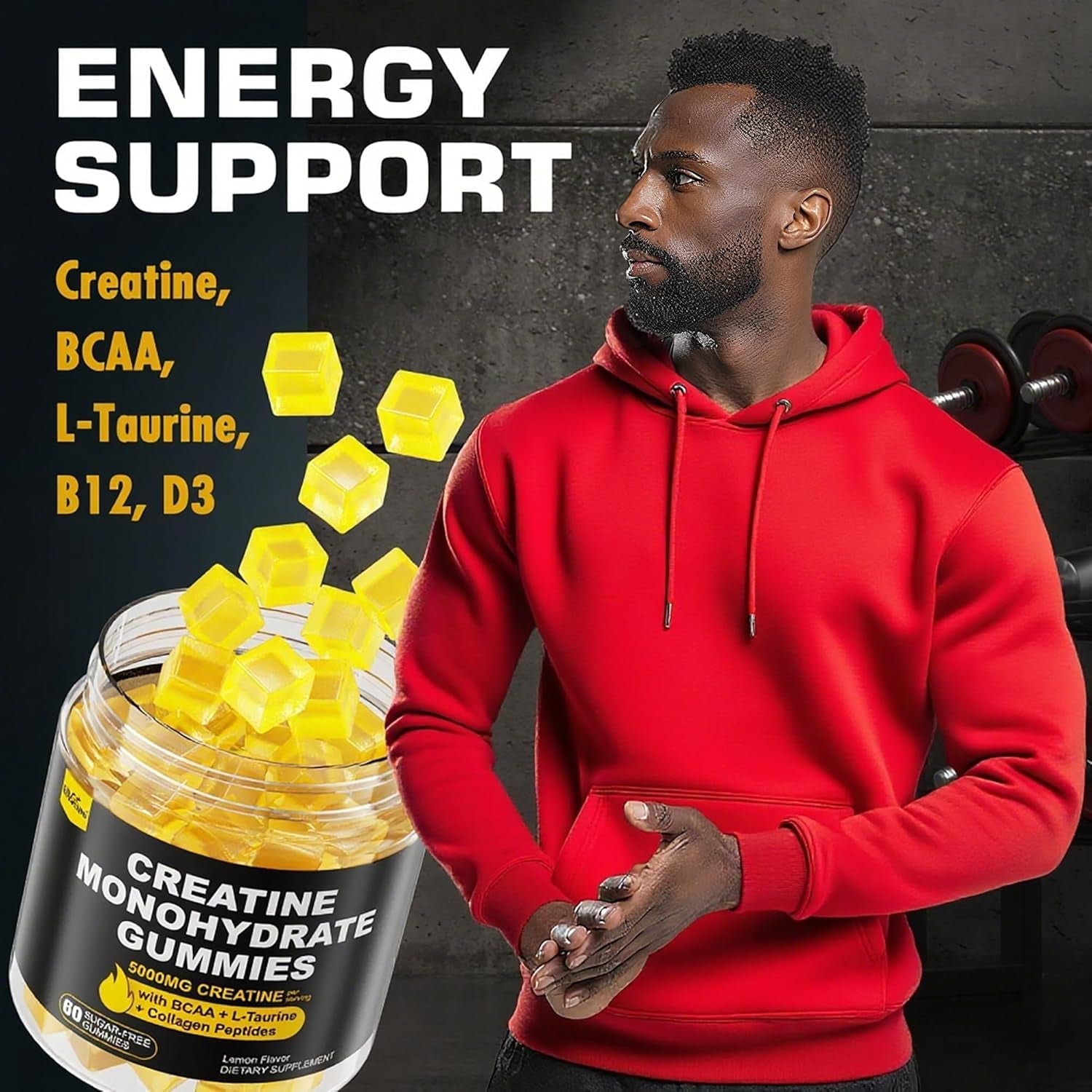 Creatine Monohydrate Gummies for Men & Women - with BCAA, Collagen Peptides, L-Taurine, Vitamin B12, D3, Chewables Creatine Monohydrate 5G per Serving, Natural Lemon Flavor, Sugar Free, 2 Pack