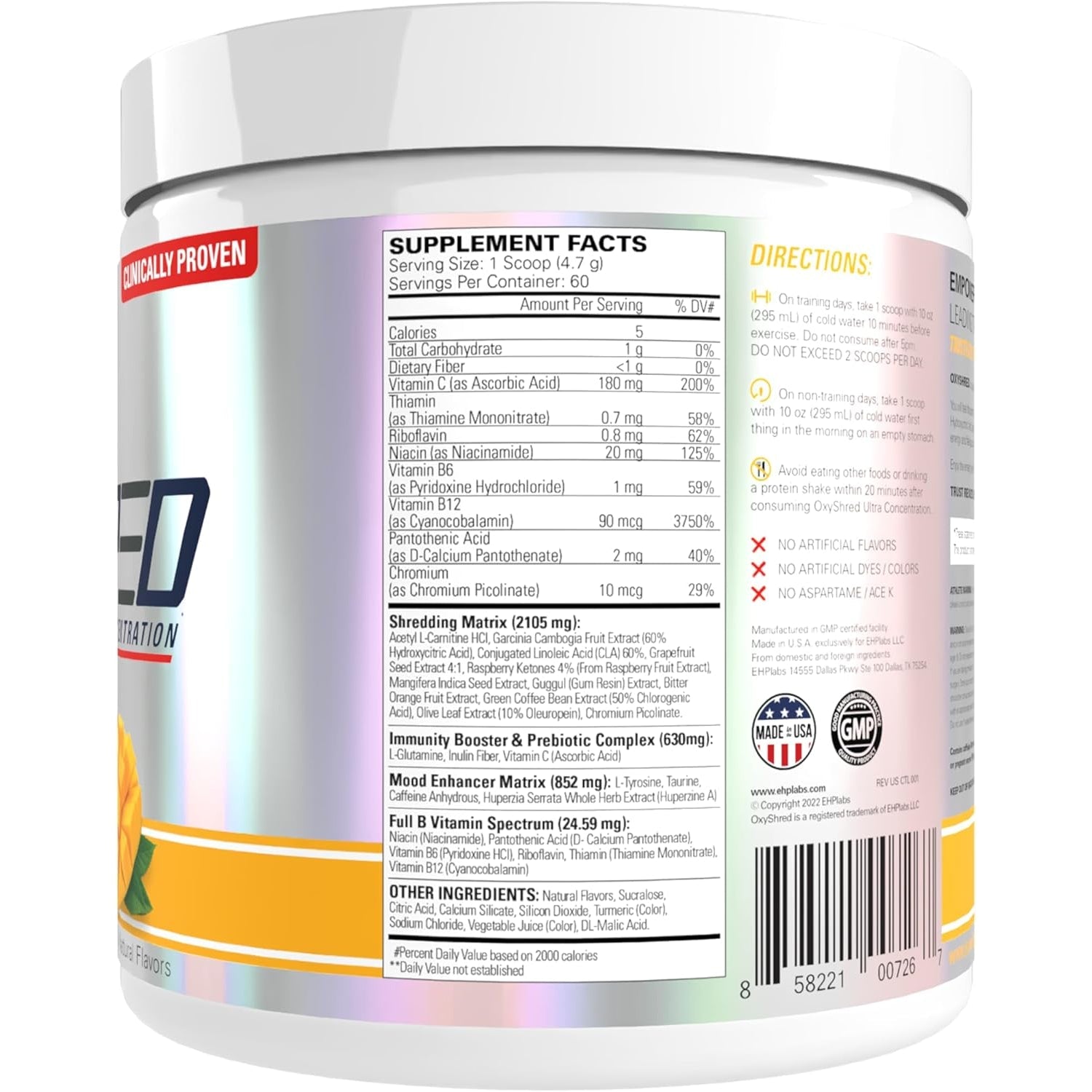 EHP Labs Oxyshred Pre Workout Powder - Preworkout Powder with L Glutamine & Acetyl L Carnitine, Energy Boost Drink - Mango, 60 Servings