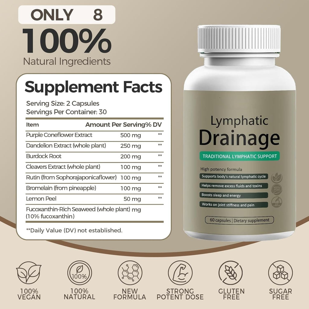 Lymphatic Drainage Capsules | Lymphatic Support Supplement | Supports Bloating, Fluid Balance & Daily Lymphatic Wellness | with Dandelion, Cleavers & Echinacea | Non-Gmo, Gluten Free | 60 Count
