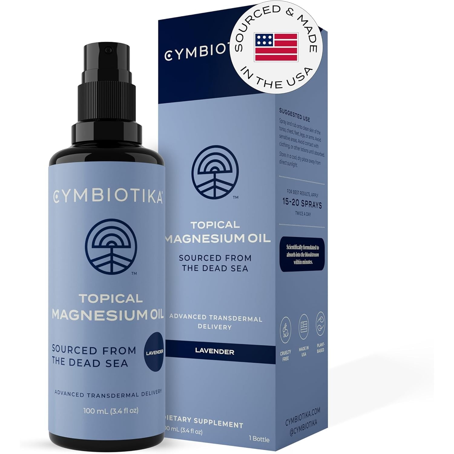 CYMBIOTIKA Topical Magnesium Oil Spray for Body, USA Made, Supplement for Leg Cramps, Muscle, Joint Health & Sleep Support, Includes Magnesium Chloride, Lavender Extract, Aloe Vera - Skin Applicator