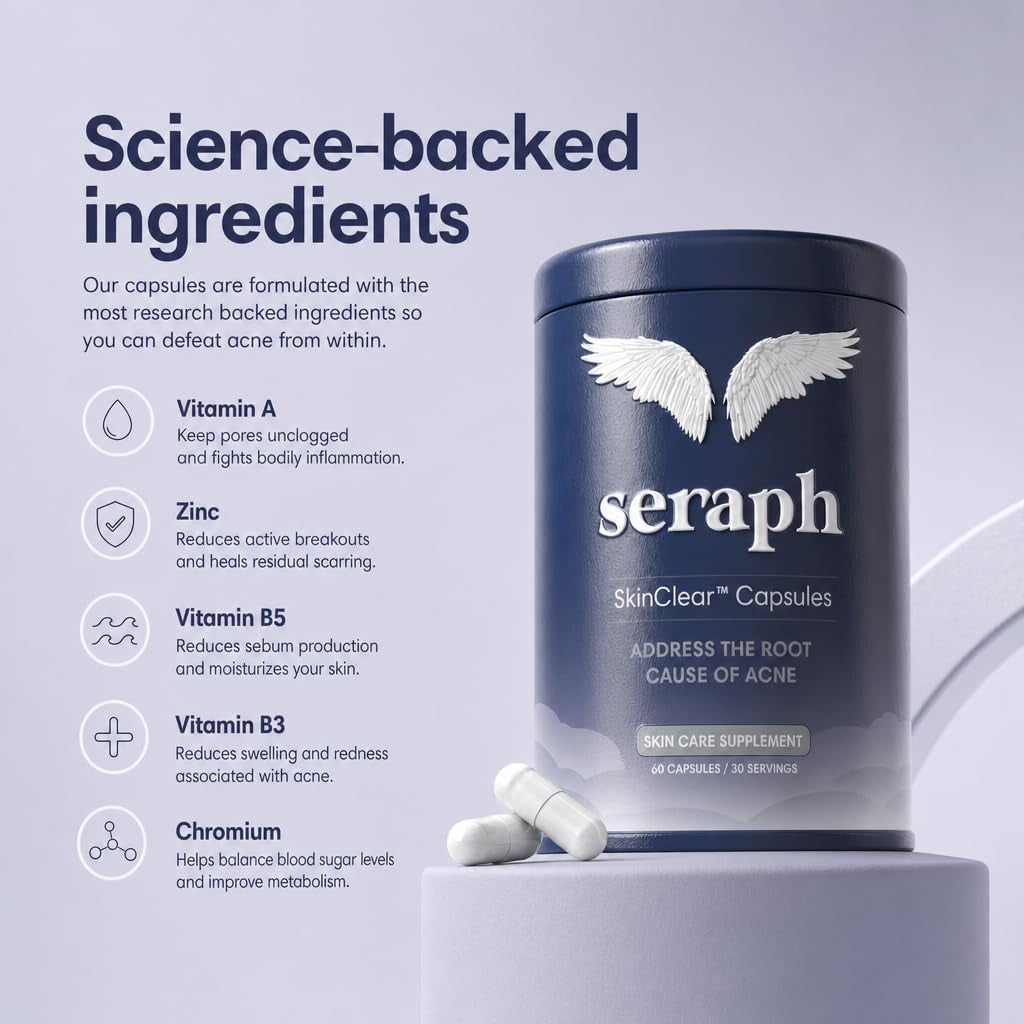 Seraph Acne Supplement - Hormonal Acne Pills Treatment - Pimple Supplements for Women - Skin Clear Capsules for Teen, Men, & Adults - Made in USA - 60 Tablets