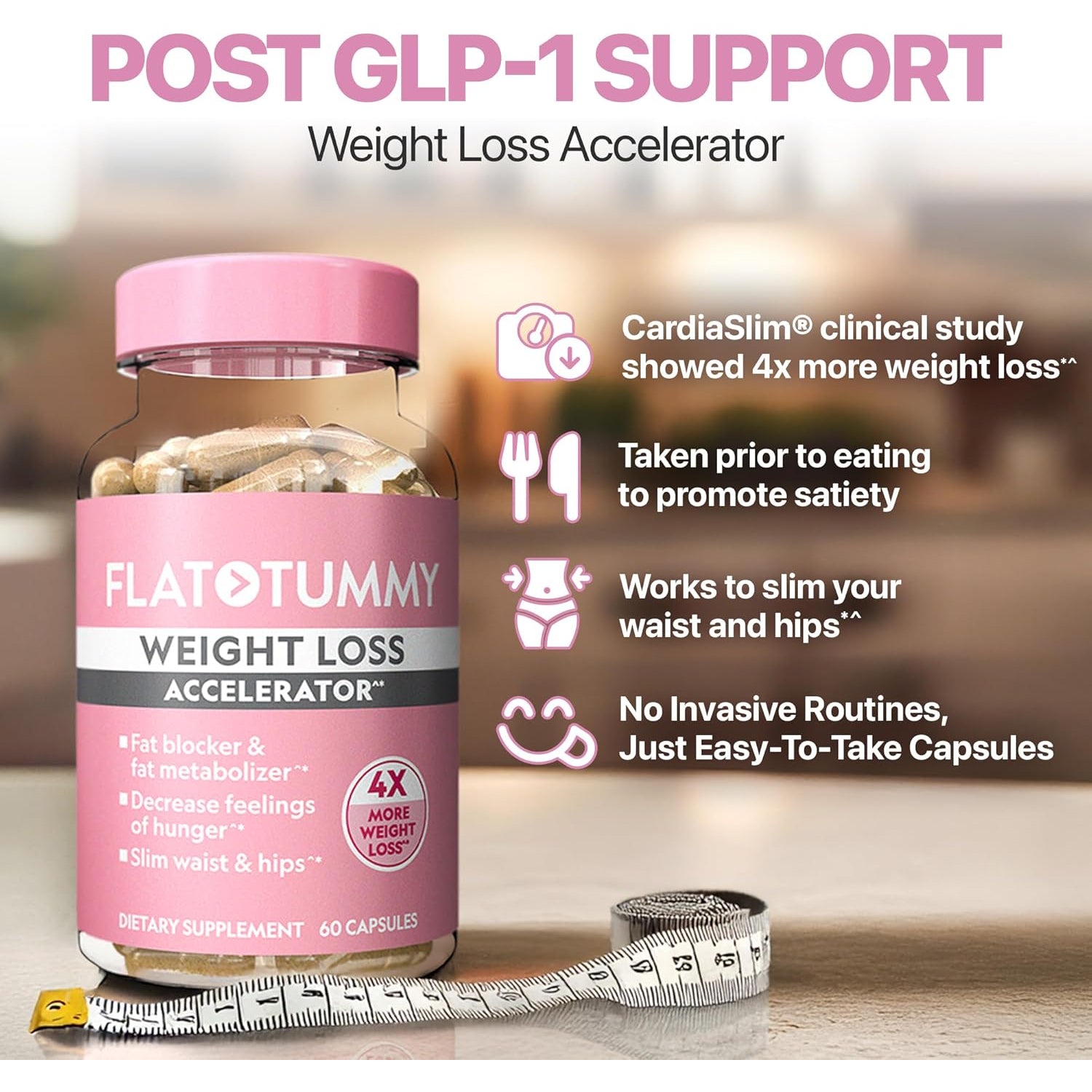 Flat Tummy Weight Loss Accelerator – Clinically Proven Fat Burner & Appetite Suppressant for Women, Post GLP-1 Supplement – Achieve a Slimmer Waist & HIPS – 60 Capsules