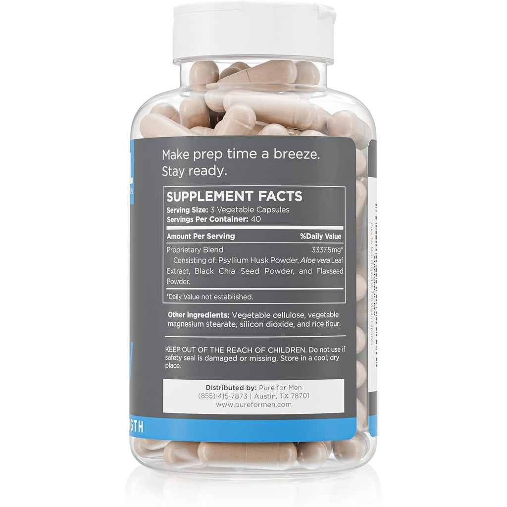 Pure for Men Stay Ready Fiber Extra Strength Supplement | Digestive Regularity | Bowel Movement & Gut Health Support | Vegan Cleanliness | Proprietary Formula | 120 Vegan XL Capsules