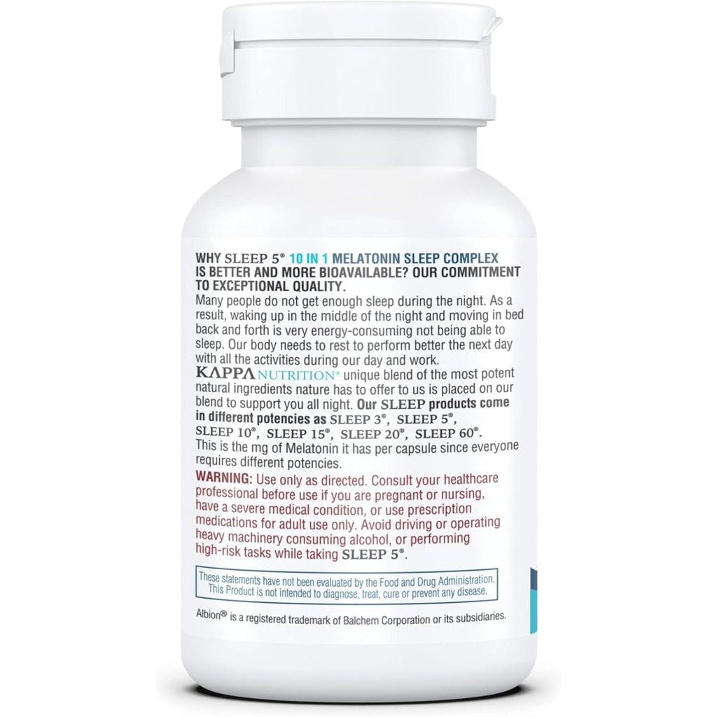 KAPPA NUTRITION Sleep 5, Sleep Aid, 5Mg of Melatonin, 60-Day Supply, Non-Habit Forming Vegan Capsules Natural Ingredients for Easier Bedtime, Herbal Supplement, Valerian Root, Chamomile Non-Gmo