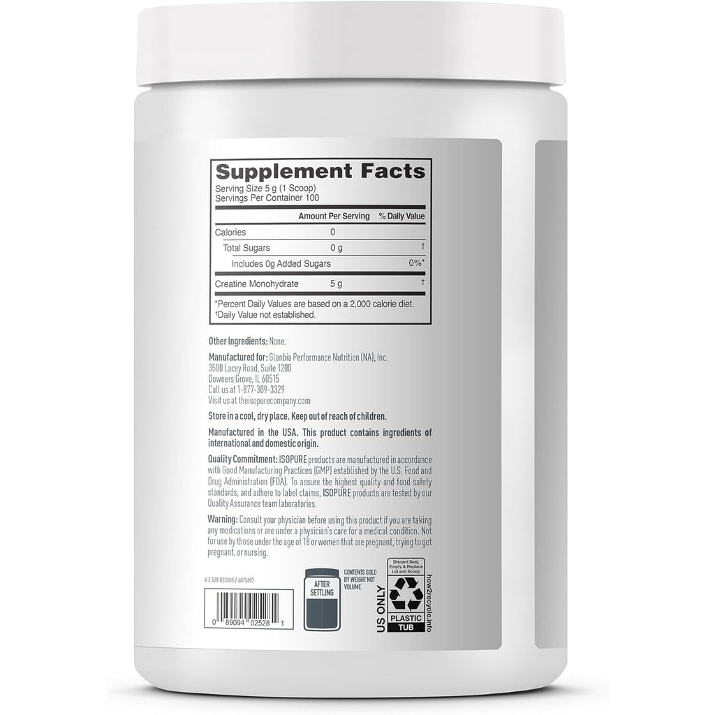 Isopure 100% Pure Creatine Monohydrate Powder, Sugar Free, Unflavored, 5G Creatine Monohydrate per Serving, 1.1 Lbs, 100 Servings (Packaging May Vary)