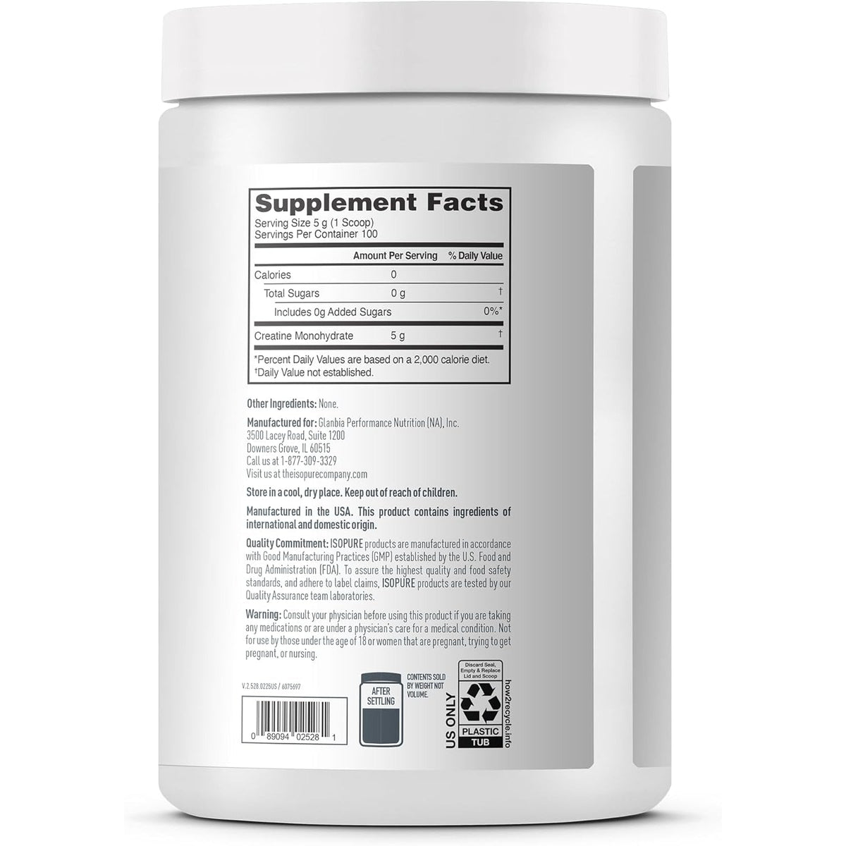 Isopure 100% Pure Creatine Monohydrate Powder, Sugar Free, Unflavored, 5G Creatine Monohydrate per Serving, 1.1 Lbs, 100 Servings (Packaging May Vary)