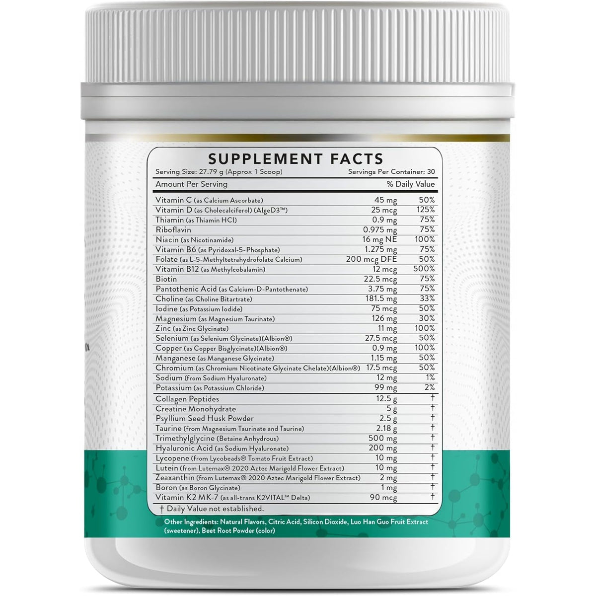 Collagen Peptides + Creatine + Methylated Multivitamin + D3/K2 (MK-7) + Lutein/Zeaxanthin + Lycopene + Psyllium + Taurine + TMG + Hyaluronic Acid (30 Servings, Mixed Berry)
