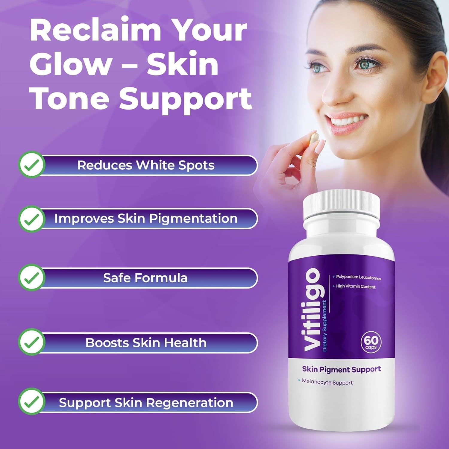 Vitiligo Capsules 60 Count | 1 Month | Improve Skin Pigmentation Support and Reduce White Spots | Effective Vitiligo Supplement | Natural Solution for White Spots on Skin. (1)