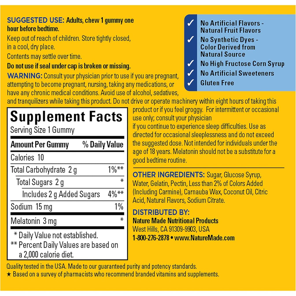Nature Made Time Release Melatonin 3Mg Gummies, 100% Drug Free Sleep Aid for Adults, 60 Melatonin Gummies, 60 Day Supply
