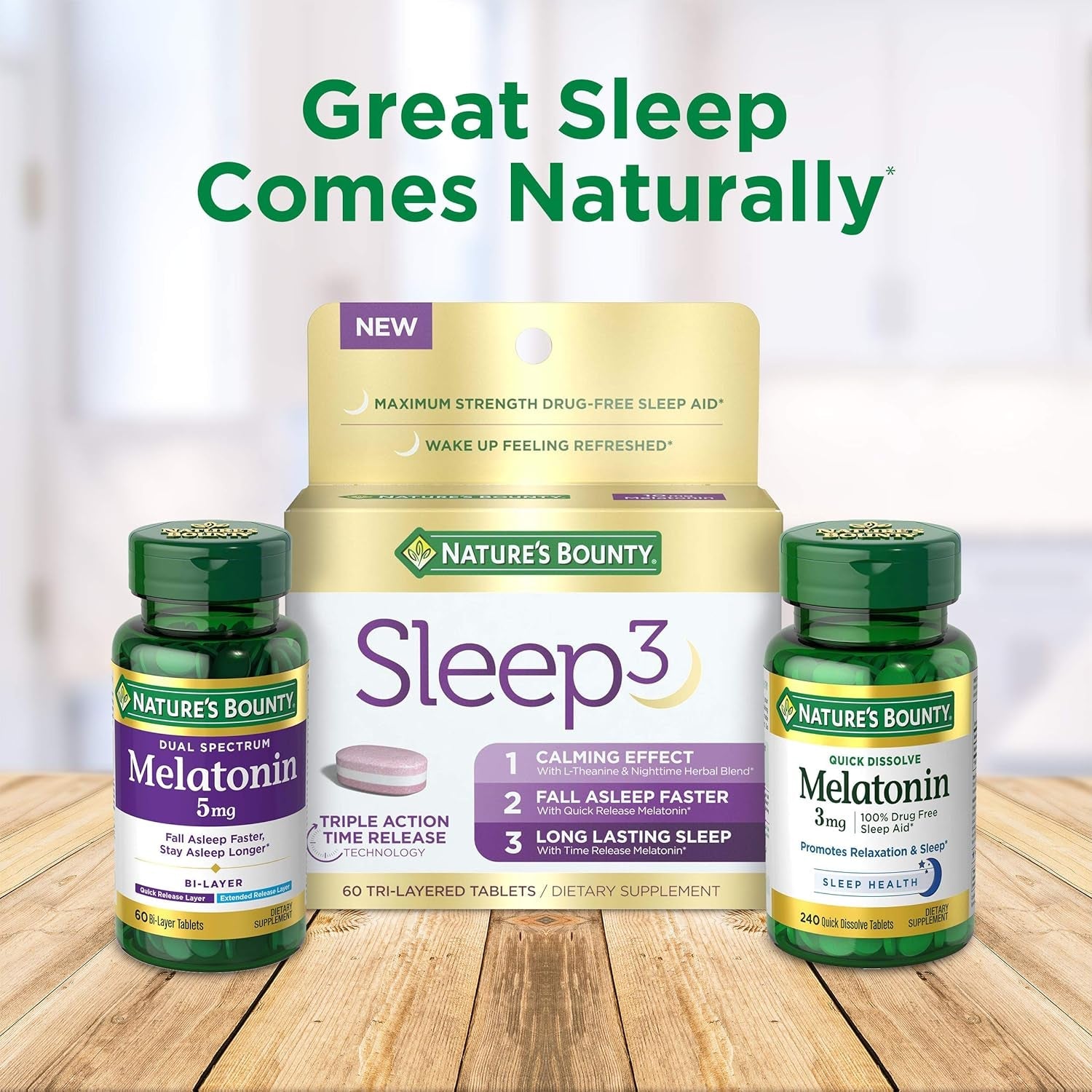 Nature'S Bounty Melatonin 100% Drug Free Sleep Aid, Dietary Supplement, Promotes Relaxation and Sleep Health, 5 Mg, 90 Count, Pack of 3