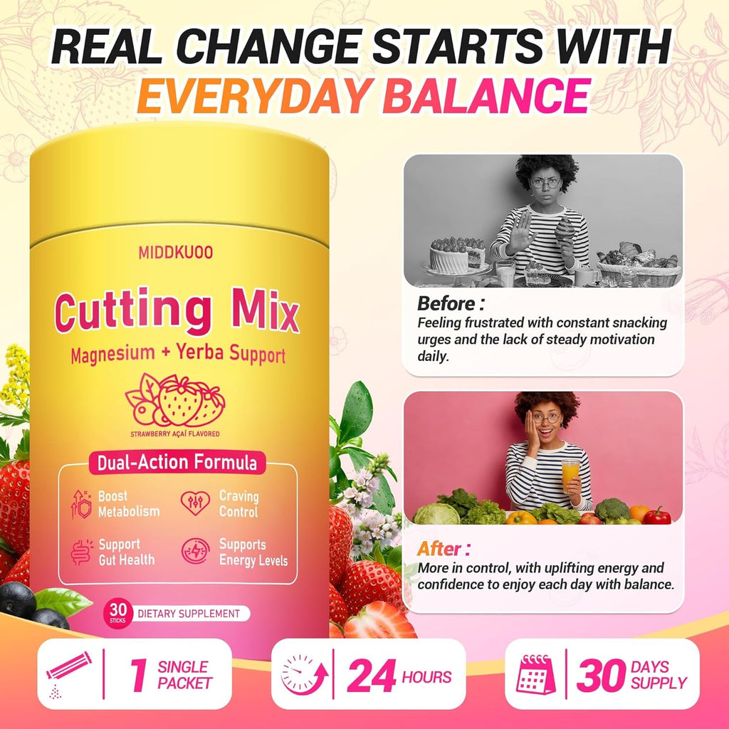 Cutting Drink Mix – Dual-Action Satiety Signaling, Energy & Digestive Health with Berberine, Chromium, FOS, Yerba Mate & 5-HTP | Vegan, Sugar-Free, Non-Gmo - 30 Sticks