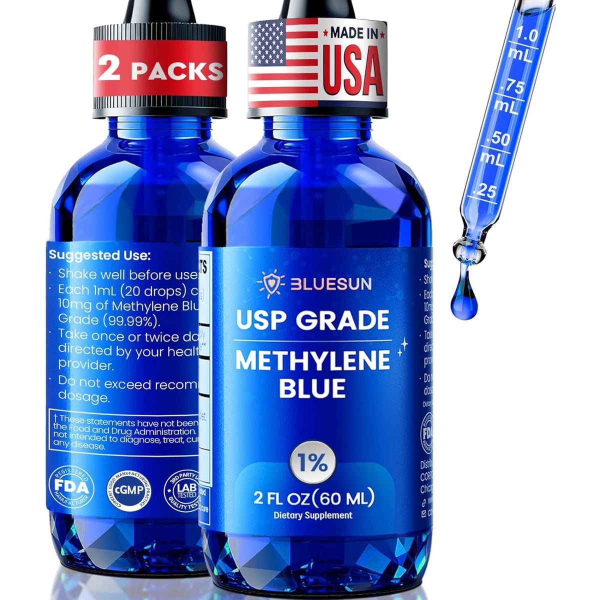 Bluesun Methylene Blue Drops 1% Pharmaceutical Grade - USA Made, Formaldehyde-Free, 3Rd-Party Tested, USP Purity, Gmo-Free, Alcohol-Free, COA Included - 2 FL Oz(60Ml) Cobalt Blue Glass 10Mg/Ml, 2 Pack