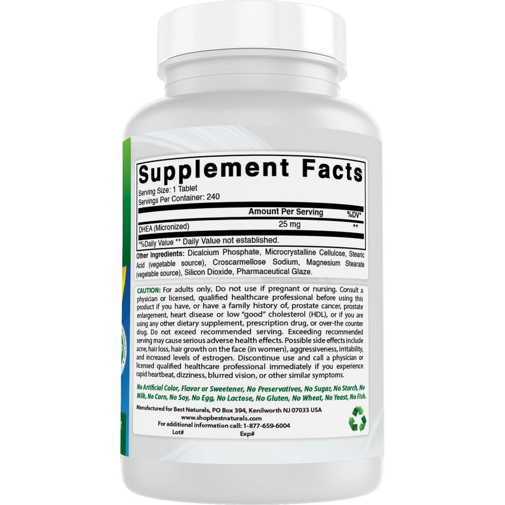 Best Naturals Dhea 25Mg Supplement 240 Tablets - Supports Balanced Hormone Levels for Men & Women - Promotes Healthy Aging - USA Manufactured