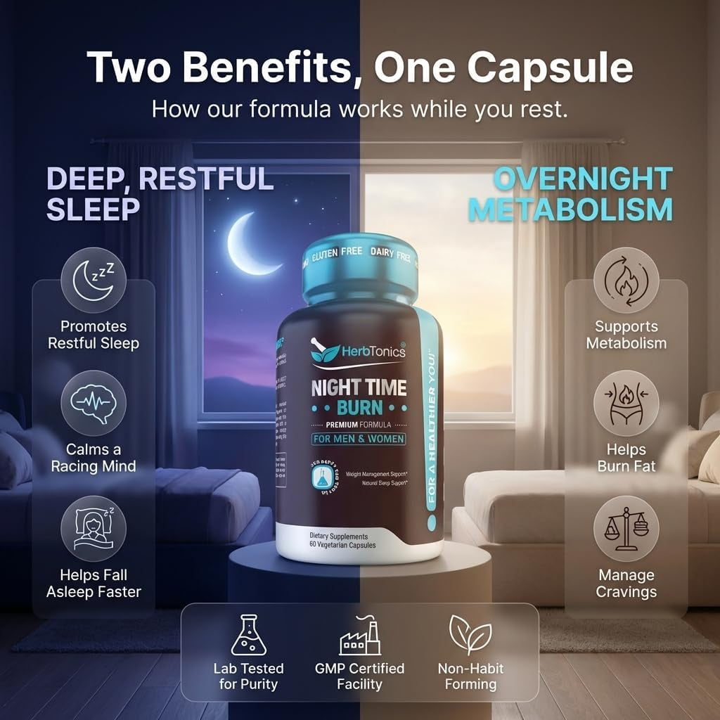 Herbtonics Night Time Burn & Sleep Complex Supports Overnight Metabolism, Stress Relief & Deep Sleep. Includes Melatonin, Valerian and Green Tea – Vegan Bedtime Weight Management (60 Capsules)