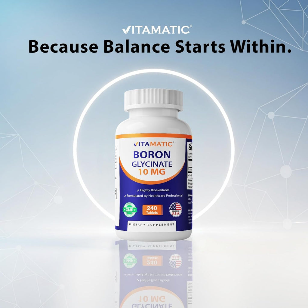 Vitamatic Chelated Boron (As Glycinate) 10Mg 240 Tablets - Supports Hormone Balance, Bone Health & Connective Tissue