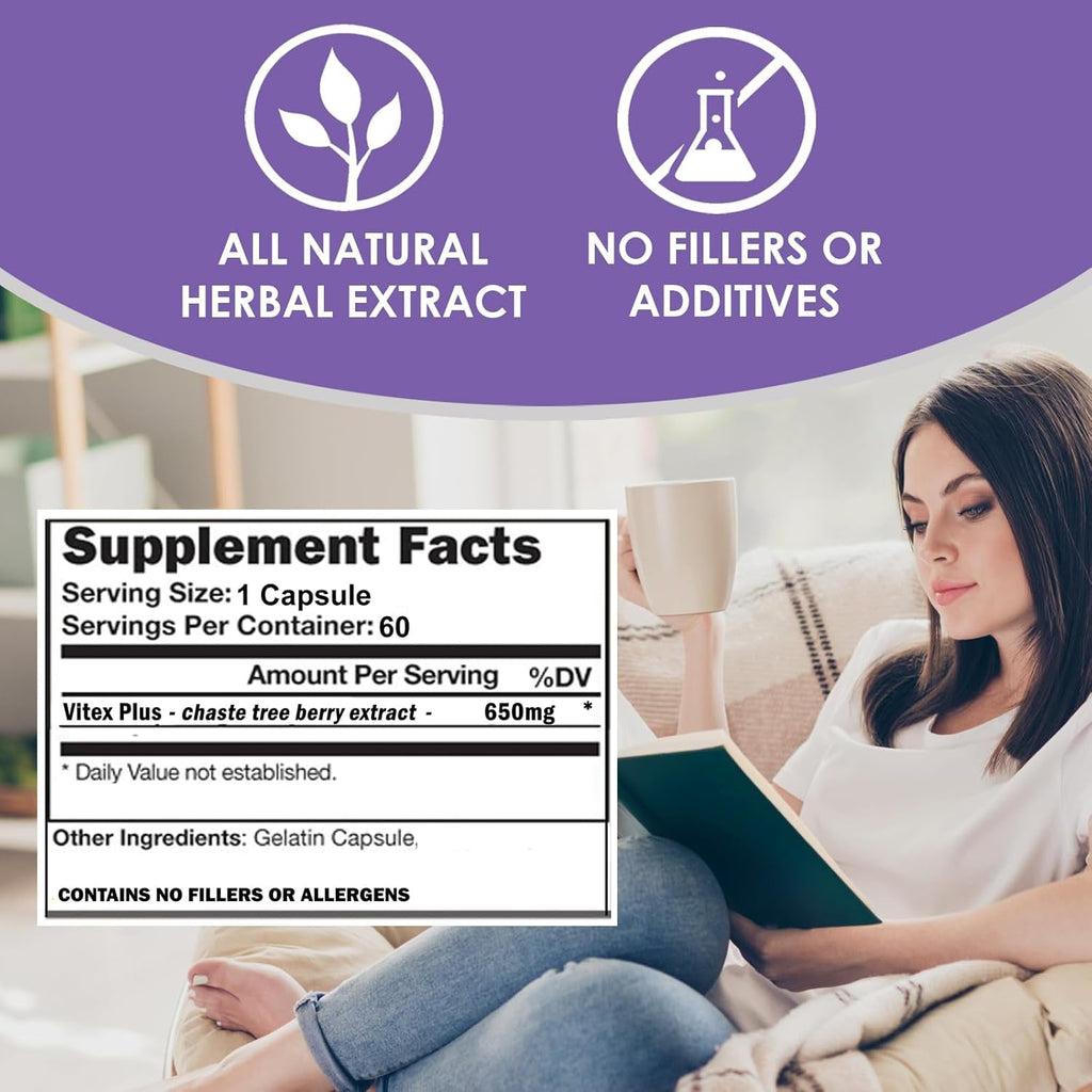 VH Nutrition VITEX+ | Vitex Chasteberry Supplement for Women | Hormonal Balance* and Fertility Support* | 650Mg per Serving of Vitex Berry Extract Powder | 60 Capsules