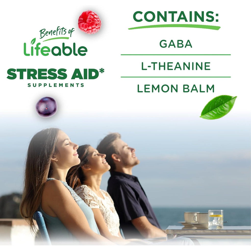 Lifeable Stress Aid Gummies | with Lemon Balm, GABA and L Theanine Supplements | Vegan Non GMO Mood Support Supplement | Great Tasing Stress Vitamins | L-Theanine for Women and Men | 90 Gummies