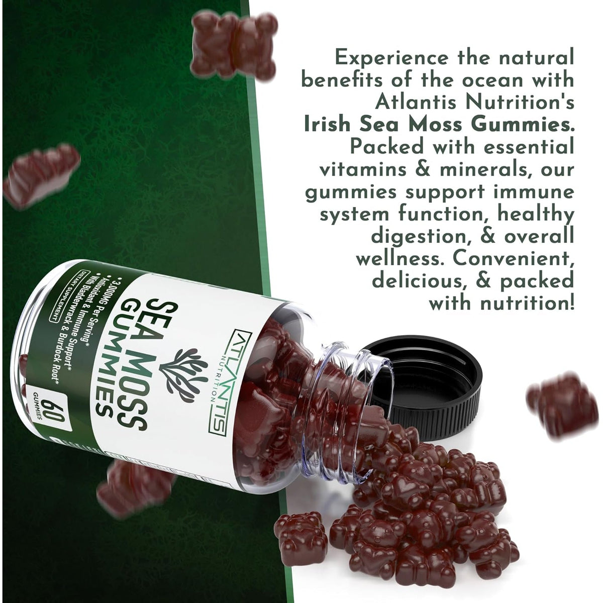 Irish Sea Moss Gummies - 3000MG - Formulated W/ Irish Sea Moss, Bladderwrack & Burdock Root, Contain Essential Vitamin & Mineral - Antioxidant-Rich Superfood Supplement, 60 Sea Moss Gummies for Adults