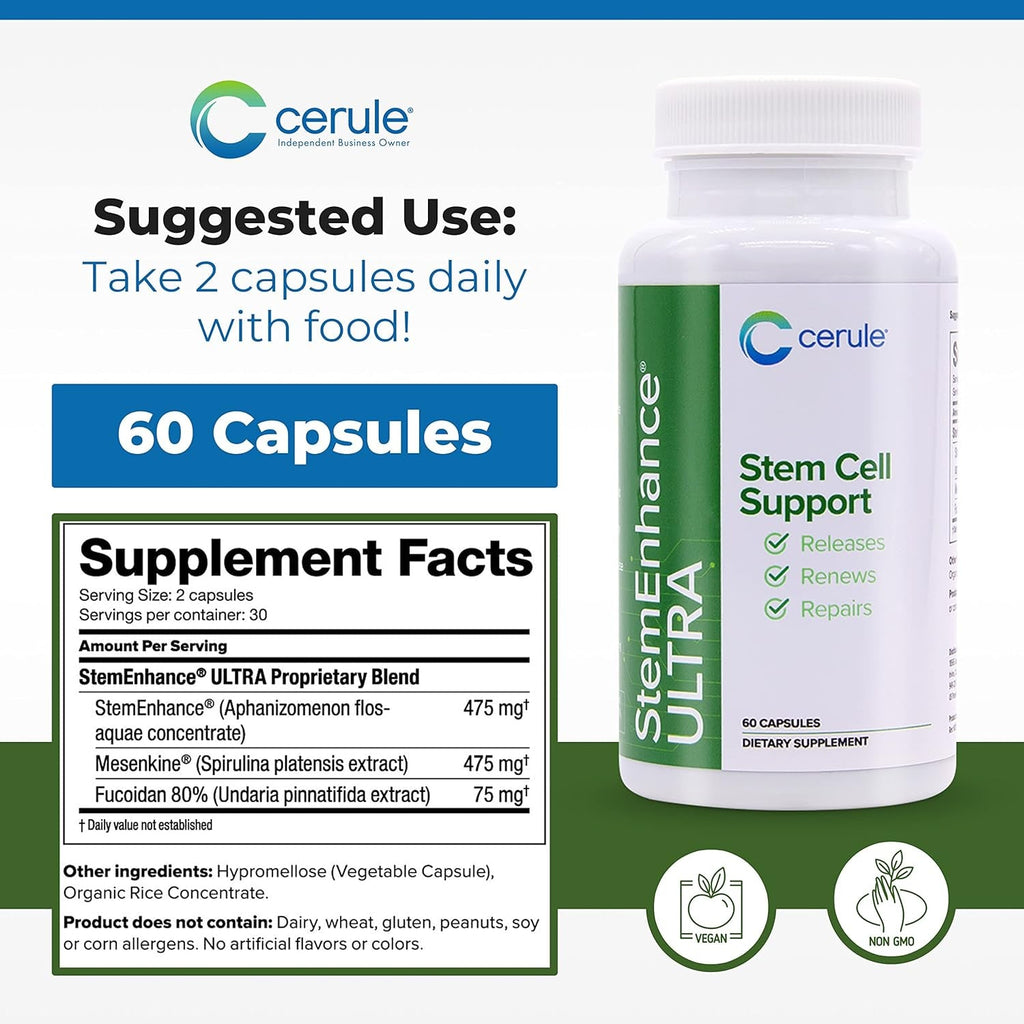 Cerule Stemenhance Ultra Natural Stem Cell Support Supplement – Freshwater Microalgae and Marine Macroalgae Extracts for Cellular Renewal, Immune Function, Energy, and Tissue Recovery – 60 Capsules