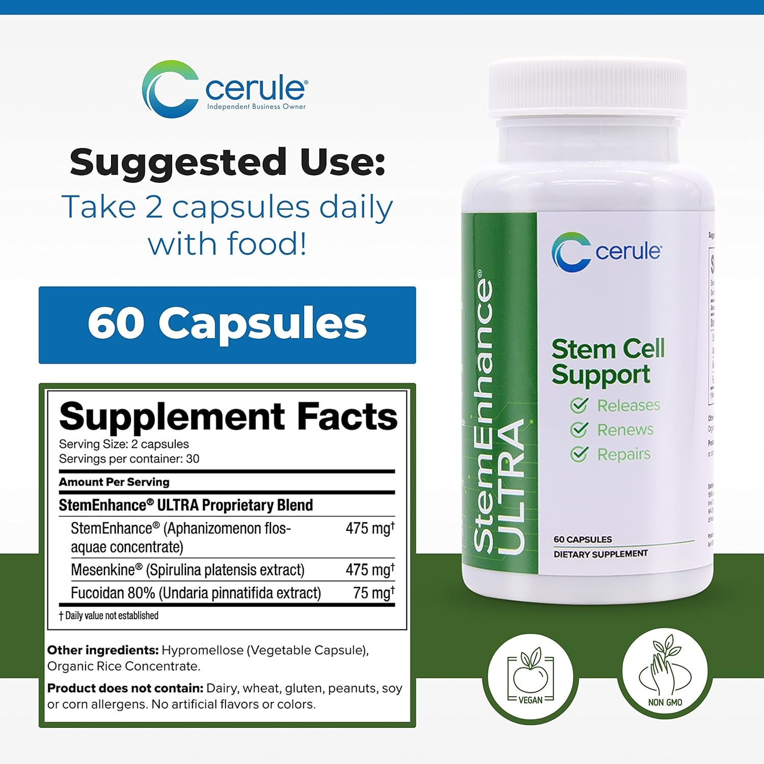 Cerule Stemenhance Ultra Natural Stem Cell Support Supplement – Freshwater Microalgae and Marine Macroalgae Extracts for Cellular Renewal, Immune Function, Energy, and Tissue Recovery – 60 Capsules