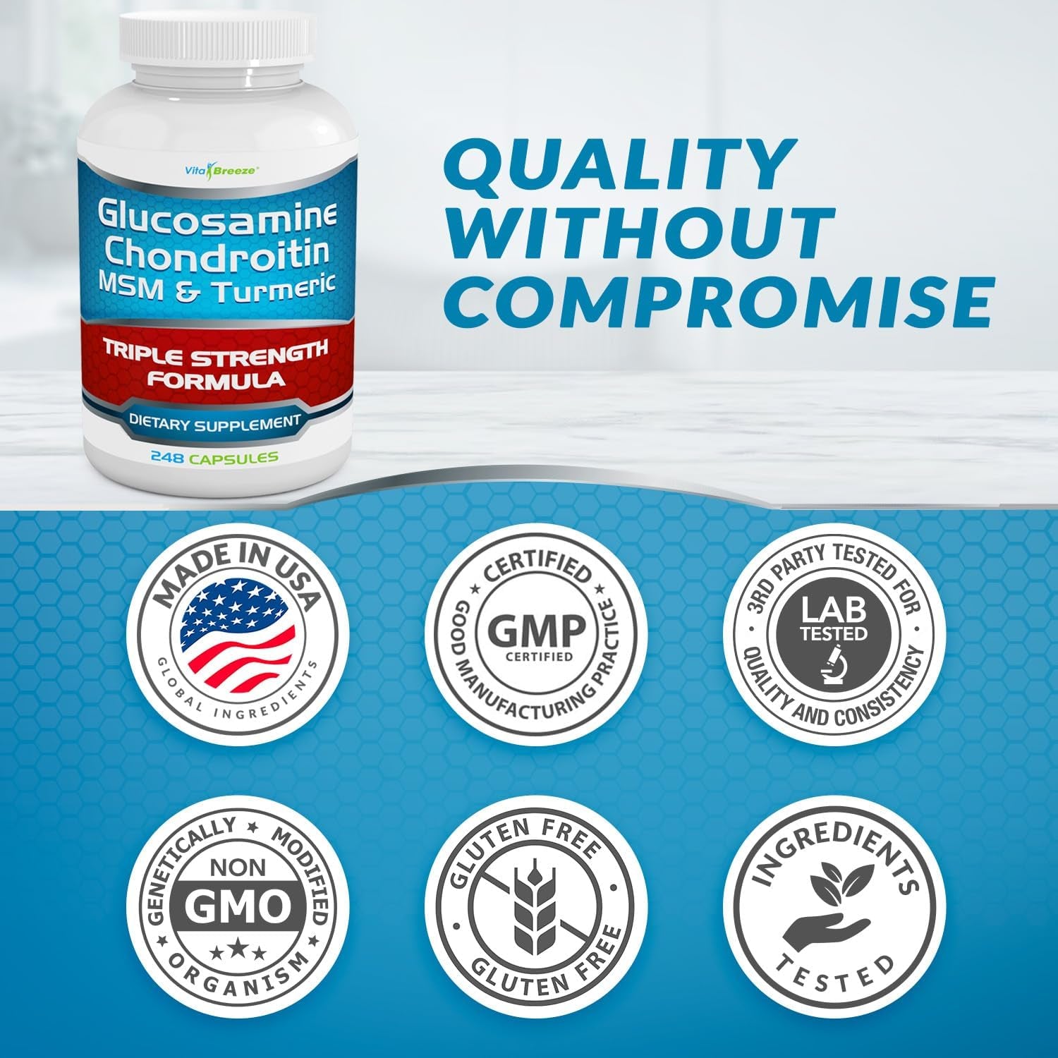 Vitabreeze Glucosamine Chondroitin, MSM & Turmeric Dietary Supplement - 248 Capsules