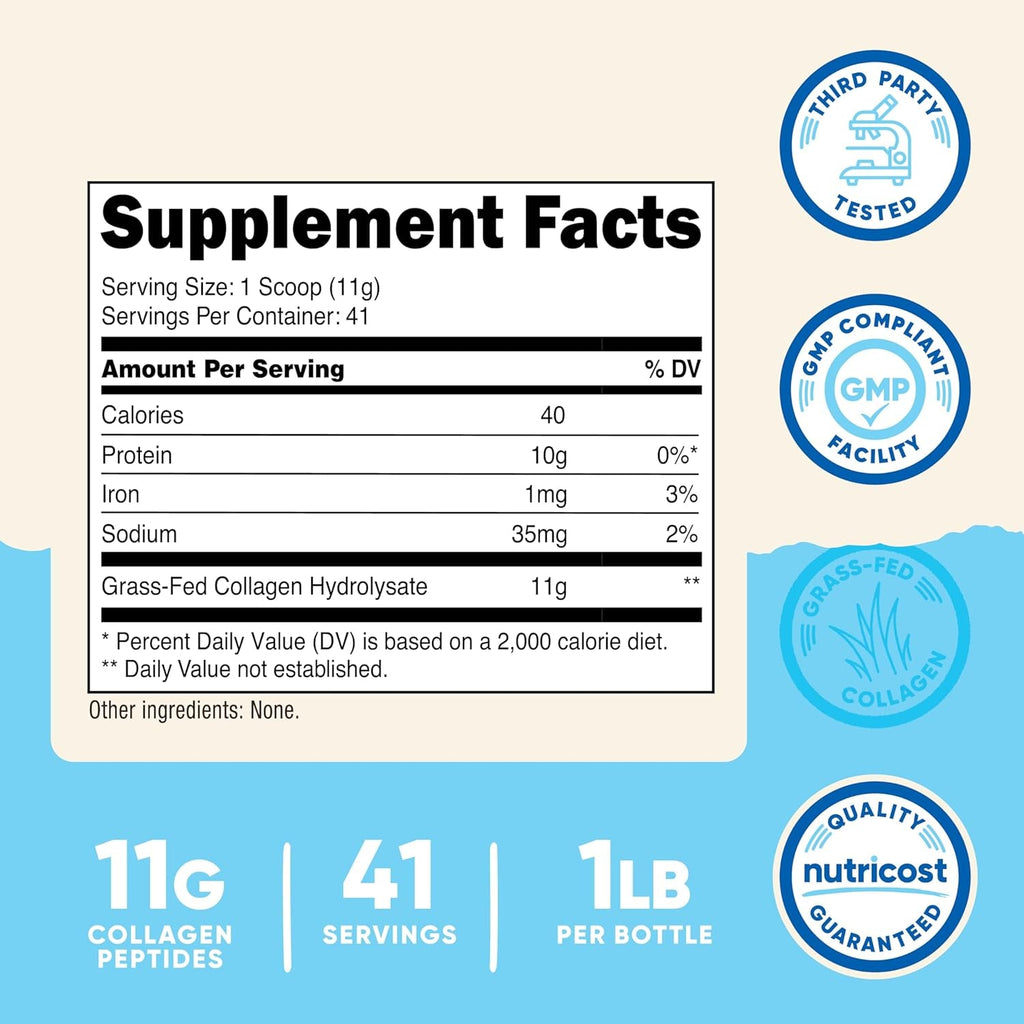 Nutricost Collagen Peptides Powder 1LB (454 G) - Grass Fed Bovine Collagen Hydrolysate (Unflavored)
