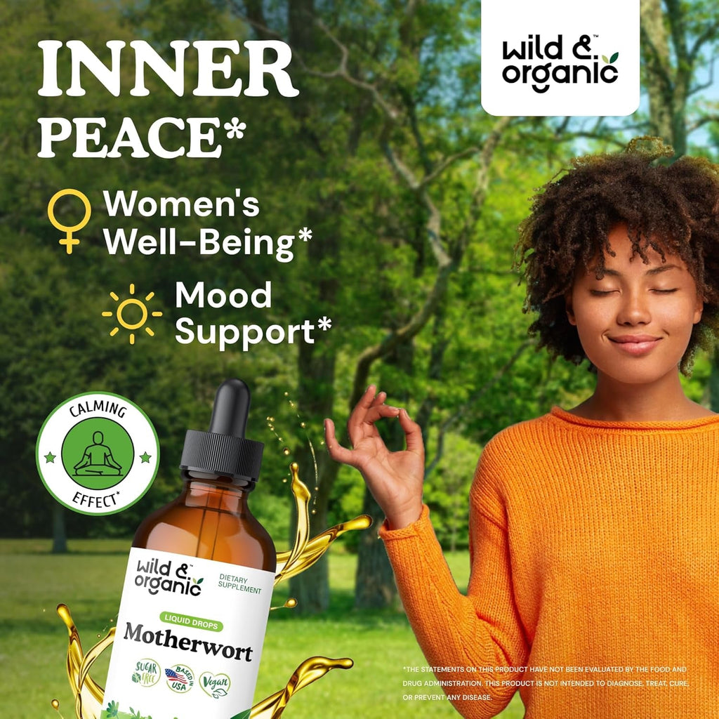 Wild & Organic Motherwort Tincture - Good Mood, Calmness, Overall Support - Supplements for Women with Motherwort Herb - Vegan, Sugar & Alcohol-Free Extract Drops - 4 Fl Oz