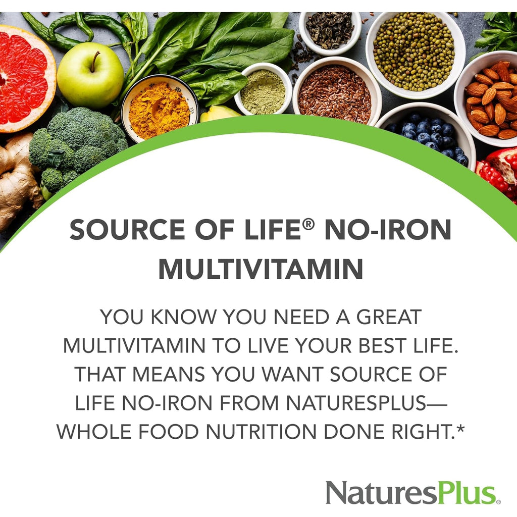 Naturesplus Source of Life No Iron - 90 Tablets - Multivitamin & Mineral Supplement with Vitamin D3 - Supports Natural Energy & Well-Being - Gluten Free, Vegetarian - 30 Servings