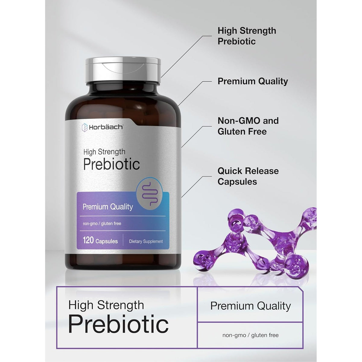 Horbäach Prebiotic for Men and Women | 120 Powder Pills | High Strength & Premium Quality Supplement | Non-Gmo & Gluten Free Quick Release Capsules
