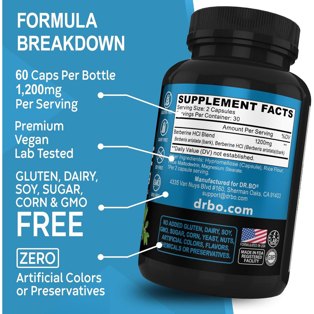 Berberine Supplement Capsules - 1200Mg Berberine HCL Supplement for Healthy Metabolic Support - Premium Natural Complex for Women & Men, Pure Support Capsules Supplements - 60 Pills