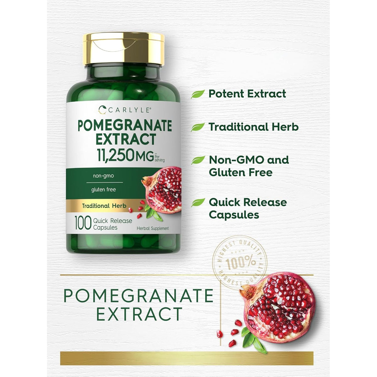 Carlyle Pomegranate Extract | 100 Capsules | Traditional Herb | Non-Gmo, Gluten Free Supplement