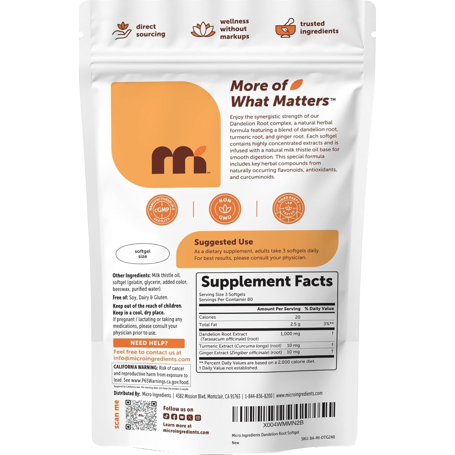 Micro Ingredients Dandelion Root Extract (Taraxacum Officinale) 1,000Mg per Serving, 240 Softgels | 3-In-1 Herbal Blend with Turmeric & Ginger Extract | Made with Milk Thistle Oil | Non-Gmo
