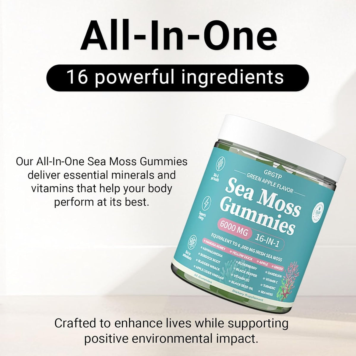 Sea Moss Gummies 16-In-1 - Ashwagandha Black Seed Oil Bladder Wrack Turmeric Vitamin C & D3 with Manuka Burdock Root Dandelion Yellow Dock Natural Detox & Liver Health Immune Support, Energy Boost