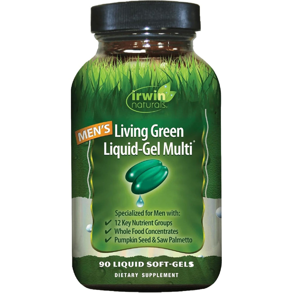 Irwin Naturals Men'S Living Green Liquid-Gel Multi - 70 Essential Nutrients, Full-Spectrum Vitamin Supplements for Men, Wholefood Blend - Promotes Brain & Adrenal Support - 90 Liquid Soft-Gels